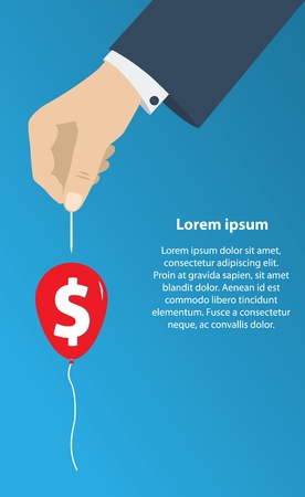 Hand with needle pierces the balloon with money. Concept of economy crisis, recession, inflation, bankruptcy, loss of capital. Vector illustrationのイラスト素材