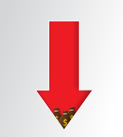 Decreasing graphs concept, financial strategy, low return on investment, the balance sheet of money and gold, long-term investment decline, reduced revenue, interest rate, credit money. Paper style vector.のイラスト素材