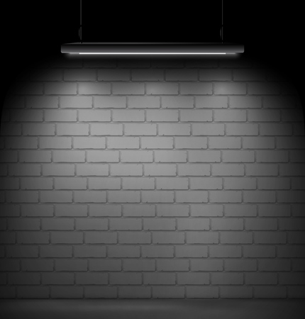 Dark room with a brick wall on the background and fluorescent lamp light.のイラスト素材