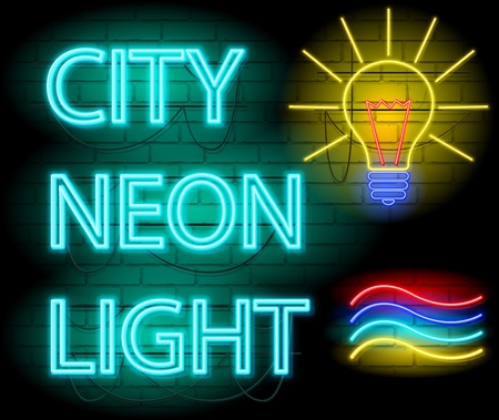 City neon light signboard. Neon bulb. Brickwall as background. Vector illustration with 4 colors Neon graphic style.のイラスト素材