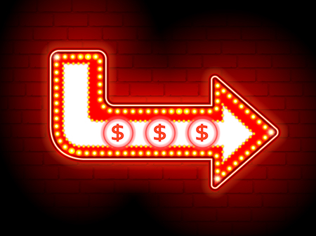 Vector set Retro neon sign, vintage billboard, bright signboard, light banner. Illustration for t shirt printing or wall decoration. Brickwall as background.のイラスト素材