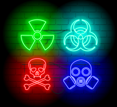 Warning neon silhouette of biohazard icons. Neon style sign illustration. Brickwall as background.のイラスト素材