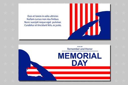 Soldier silhouette saluting the USA flag for memorial day. Poster or banners illustration. USA flag as a background.のイラスト素材