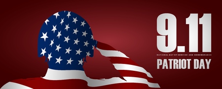 Soldier saluting the USA flag for Patriot Day. September 11. USA flag as a background. Double exposure effect.のイラスト素材