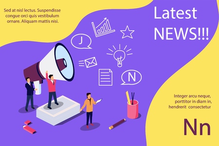 Latest news vector isometric illustration concept, people shout into the megaphone with Latest News words. Concept for, landing page, template, ui, web, mobile app, poster, banner, flyerのイラスト素材