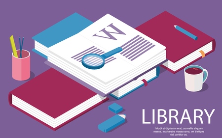 Isometric library creative concept for writing or blogging, school education, for web page, banner, social media, documents, posters. Vector illustrationのイラスト素材