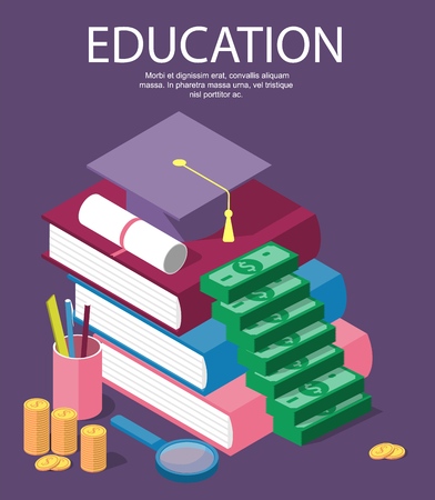 Vector invest in education isometric concept in flat style - stack of coins and book with university hat - Vectorのイラスト素材