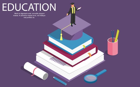Books step education isometric concept. Vector illustration. can be used for workflow layout, banner, diagram, number options, step up options, web design. - Vectorのイラスト素材