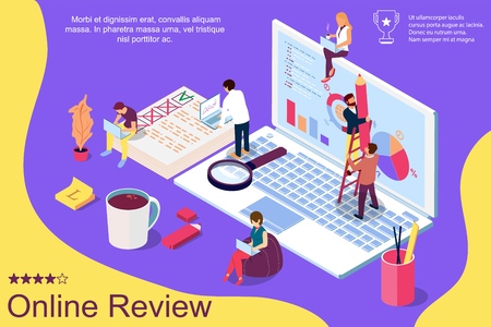 Online review concept with characters. Can use for web page, banner, social media, documents, cards, posters. Flat isometric vector illustrationのイラスト素材