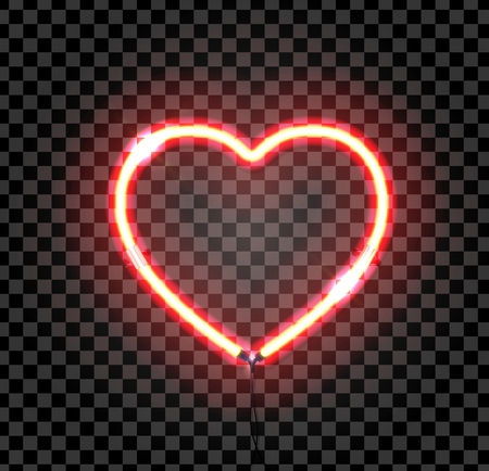 Bright neon heart. Heart sign on dark transparent background. Neon glow effect. Vector illustration.  Ready for greeting card, banner.のイラスト素材