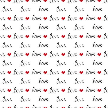 Handwritten hand drawn text love. Seamless pattern with text love. Valentines Day. Red heart. Vector illustrationのイラスト素材