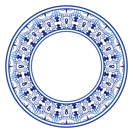 Decorative round ornament. Ceramic tile pattern. Pattern for plates or dishes. Islamic, indian, arabic motifs. Porcelain pattern design. Abstract floral ornament border. Vector stock illustrationのイラスト素材