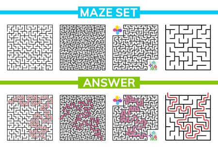 Maze, labyrinth conundrum for kids. Entry and exit. Maze set, collection labyrinth. Children puzzle game. Vector stock illustrationのイラスト素材