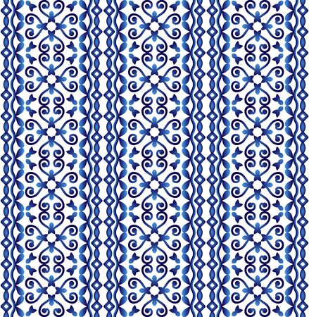 Ceramic tile border pattern. Islamic, indian, arabic motifs. Damask border seamless pattern. Porcelain ethnic bohemian background.  Abstract flower. Vector illustrationのイラスト素材