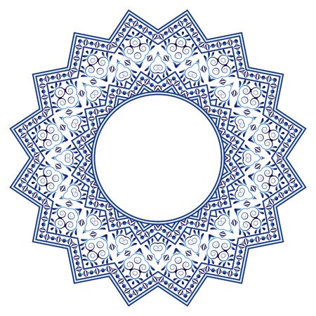 Decorative round ornament. Ceramic tile pattern. Pattern for plates or dishes. Islamic, indian, arabic motifs. Porcelain pattern design. Abstract floral ornament border. Vector stock illustrationのイラスト素材
