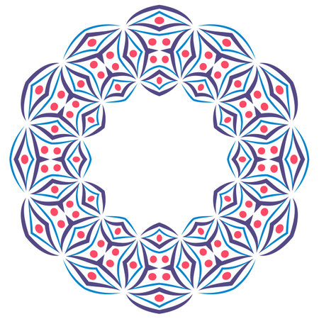 Decorative round ornament. Ceramic tile border. Pattern for plates or dishes. Islamic, indian, arabic motifs. Porcelain pattern design. Abstract floral ornament border. Vector stock illustrationのイラスト素材