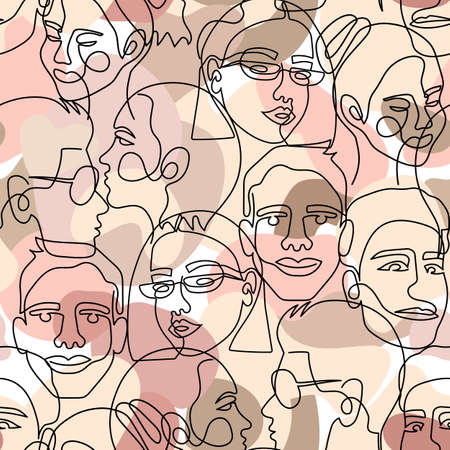 Camouflage seamless pattern with the face of a woman and a man drawn in one line. Seamless background camouflage. Vector illustrationのイラスト素材