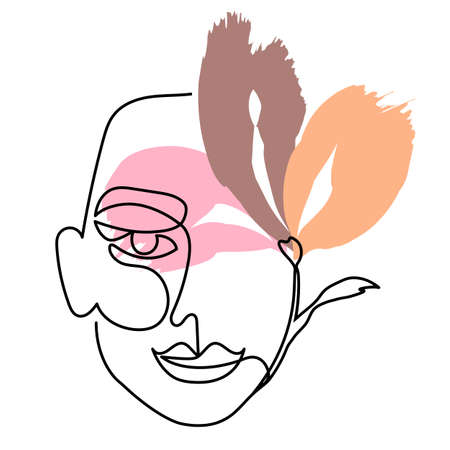One line art face woman, modern contemporary minimalist abstract woman portrait. Continuous one line drawing faces. Vector illustrationのイラスト素材