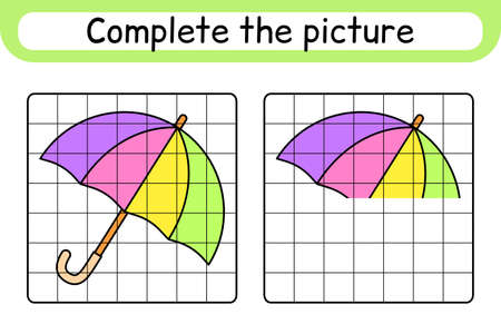 Complete the picture umbrella. Copy the picture and color. Finish the image. Coloring book. Educational drawing exercise game for children. vector illustrationのイラスト素材
