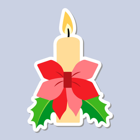 Christmas candle sticker and holly berries. A festive sticker icon with a candle. vector illustrationのイラスト素材