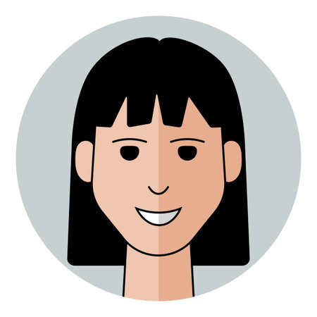 Woman face avatar with black hair and smiling expression in circular frame. Female character...