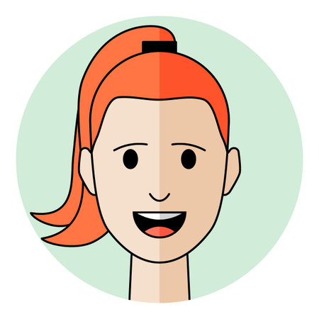 Woman face avatar with open mouth and joyful expression in flat style. Female character portrait for...