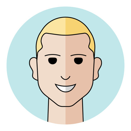 Man face avatar with blond hair and smiling expression in circular frame. Male character portrait...