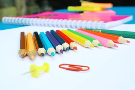 Colorful Clips and note, pencil backgroundの写真素材