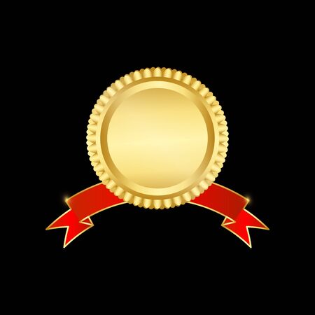 Golden seal with ribbons isolated on black background. Vector design elementのイラスト素材
