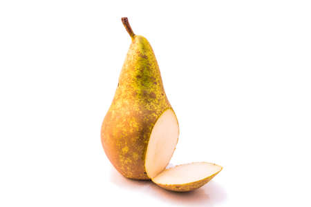 isolated pear sliced up on white の写真素材