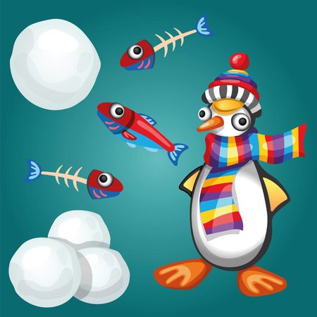 Funny Penguin with Fishes and Snowballsのイラスト素材