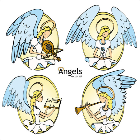 Set of Four Lovely Cartoon Style Angelsのイラスト素材