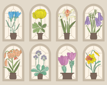 Vintage Style Flowers On Window Sills (Vector Set)のイラスト素材