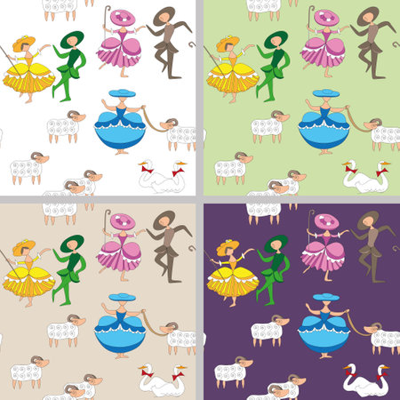 cartoon-style pastoral  background with dancing shepherdessesのイラスト素材