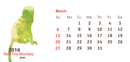 March 2016 with Monkey Watercolor Shapeのイラスト素材
