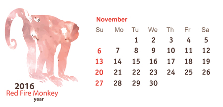 November 2016 with Monkey Watercolor Shapeのイラスト素材