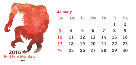 January 2016 with Monkey Watercolor Shapeのイラスト素材