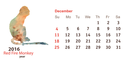 Calendar grid 2016 with Monkey Watercolor Shapeのイラスト素材