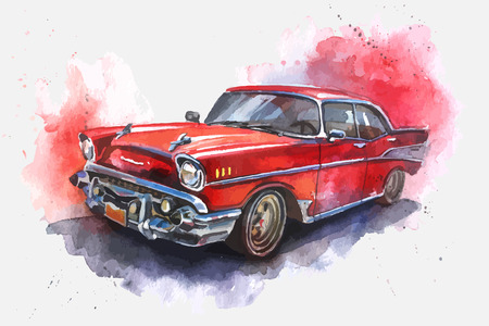 Watercolor  illustrated  old-fashioned red carのイラスト素材