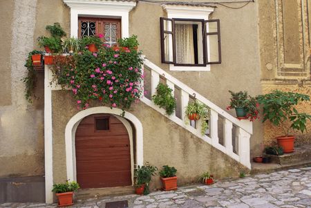 Staircase decorated with flowers on a hill in Croatia.の写真素材