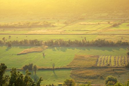 Valley in Croatia during sunset with mist.の写真素材