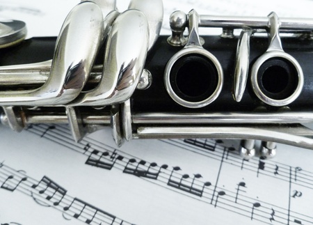 Sheet music with a close up of the bottom clarinet joint.の写真素材