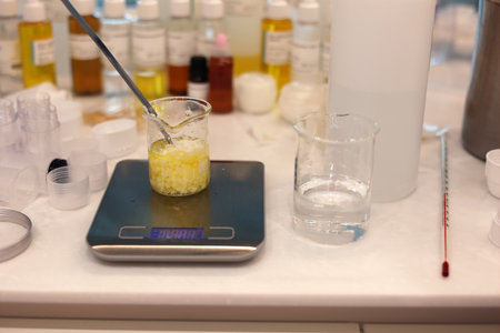 Mix the oil and beeswax in the beaker, weigh ingredients in the beaker on the electronic scale in the laboratoryの写真素材