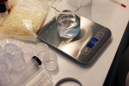 Weigh water in the beaker on the electronic scale in the laboratory