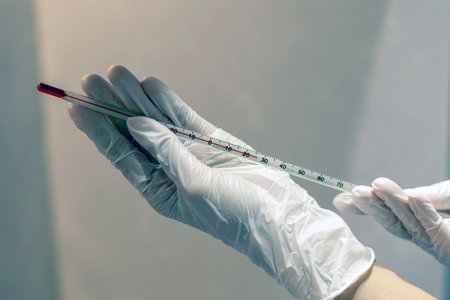Gloved hands holding thermometer in the laboratoryの写真素材