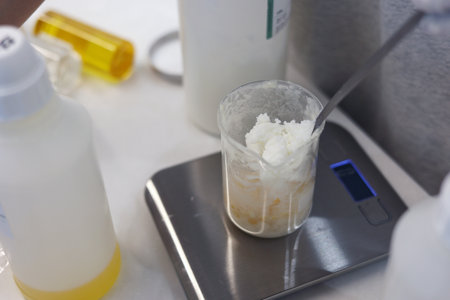 Mix and weigh ingredients in the beaker on the electronic scale in the laboratoryの写真素材
