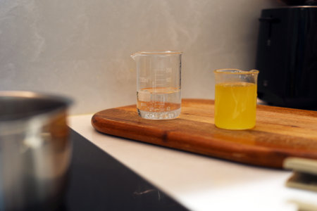 The beakers of water and jojoba oil in the laboratoryの写真素材