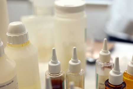 Many kind of liquid bottles in the laboratory