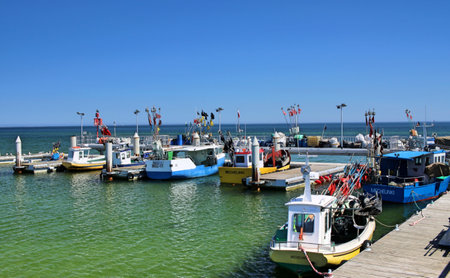 A fishing port on the Baltic Sea in Mechelinki. Fishing cutters and boats moored at the pier. Green...