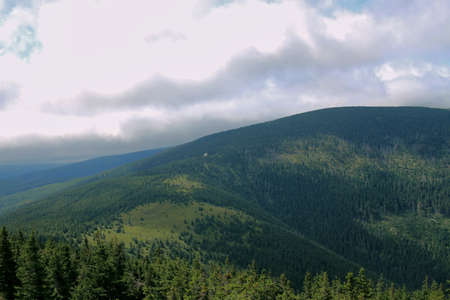 Karkonosze in the summer. View of the mountains covered with green trees. Thick clouds over the mountains. Karkonosze National Parkの写真素材